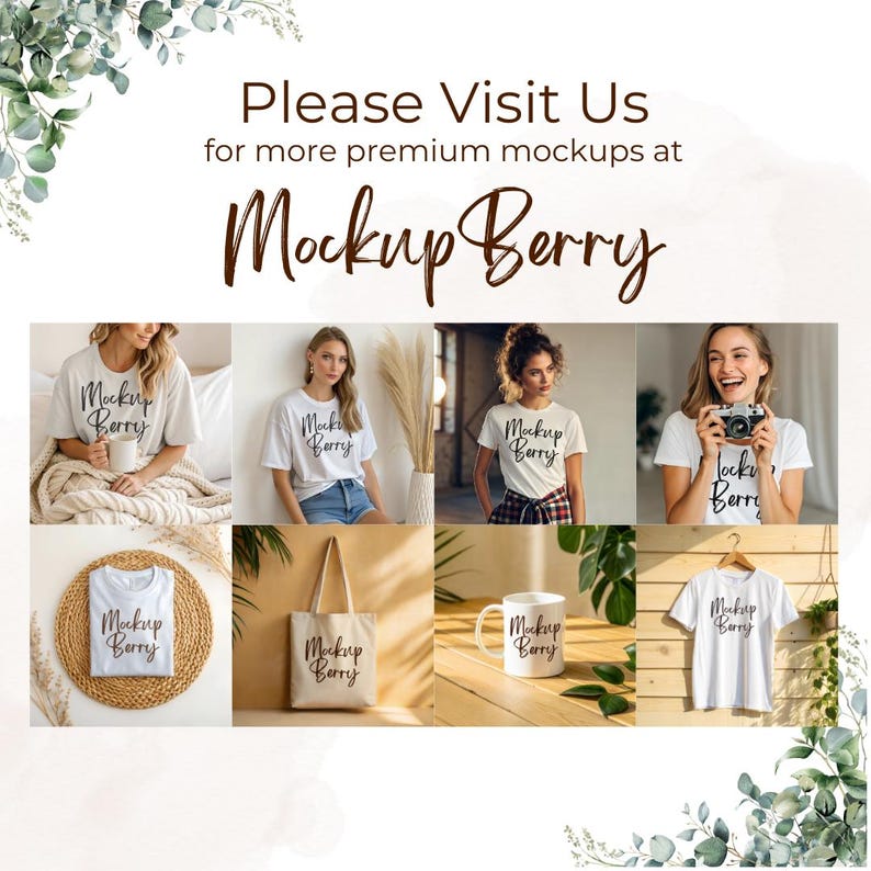 K&ouml;nnte beinhalten: Werbebild f&uuml;r "Mockup Berry" mit verschiedenen Mockups. Das Bild zeigt wei&szlig;e T-Shirts, eine Tragetasche und eine Tasse, jeweils mit dem Logo der Marke. Die Mockups werden auf Models und in Lifestyle-Umgebungen pr&auml;sentiert.