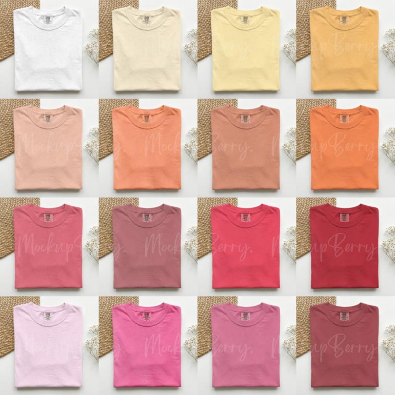 K&ouml;nnte beinhalten: Ein Raster von sechzehn leeren T-Shirts in verschiedenen Farben, darunter Wei&szlig;, Beige, Gelb, Pfirsich, Rosa und Burgunderrot. Jedes Hemd ist ordentlich gefaltet und auf einem neutralen Hintergrund pr&auml;sentiert, um die verschiedenen Farboptionen zu zeigen.