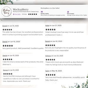 May include: A product listing image for MockupBerry, a Star Seller. The image includes the MockupBerry logo, customer reviews, and details about the seller's responsiveness and average review rating.