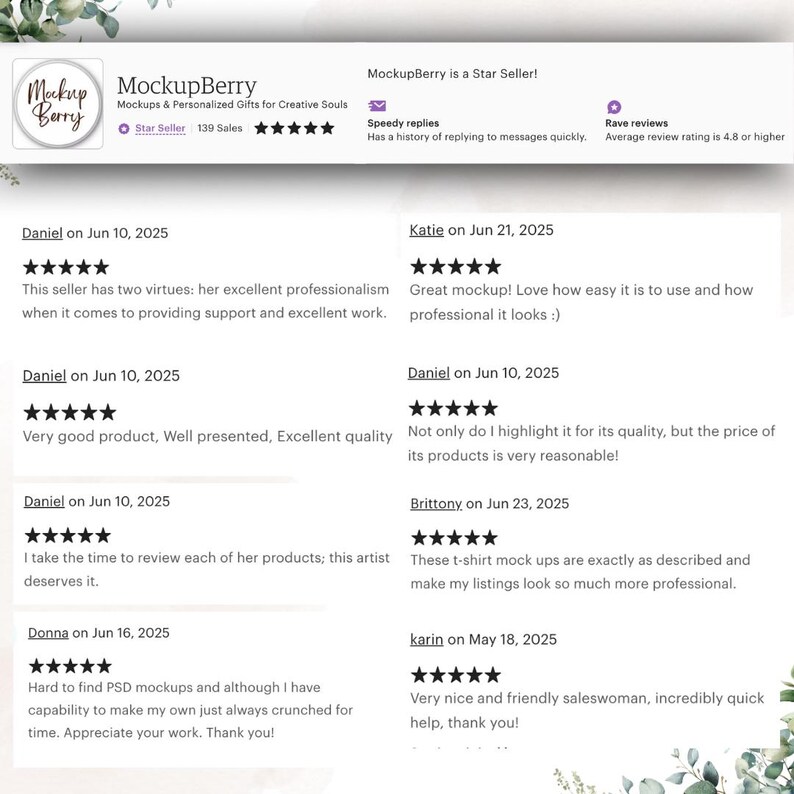 May include: A product listing image for MockupBerry, a Star Seller. The image includes the MockupBerry logo, customer reviews, and details about the seller's responsiveness and average review rating.
