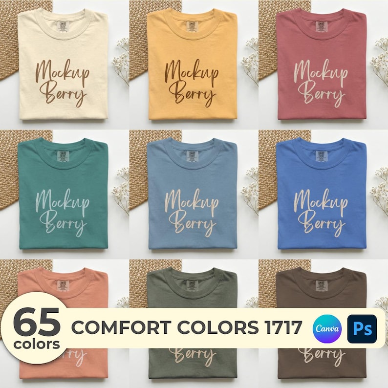An aesthetic collage mockup for Comfort Colors 1717 t-shirt, showing different views of a white shirt: folded with lavender on wood, worn by a male and a female model, with an oversized fit option. Includes Ps and Canva icons with '36 Colors' badge, labeled 'Video Mockup' and 'Digital Download'