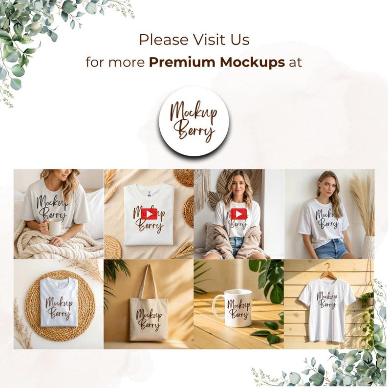 May include: A promotional image featuring various products with the "Mockup Berry" logo. The products include white t-shirts, a tote bag, and a coffee mug. The image also includes the text "Please Visit Us for more Premium Mockups at".