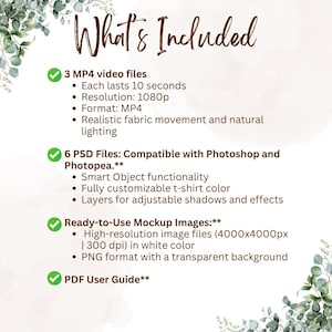 May include: A digital product description titled "What's Included" lists 3 MP4 video files, 6 PSD files compatible with Photoshop and Photopea, ready-to-use mockup images, and a PDF user guide. The image has a white and green floral design.
