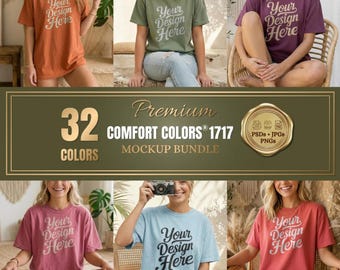 Comfort Colors 1717 T-Shirt Boho Mockup Bundle – 32 Colors, PSD, JPG, PNG (Digital Download)