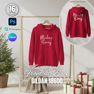 Gildan 18600 Zip Up Hoodie Front & Back Mockup | 16 Colors (PSD, PNG, Canva)