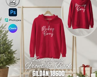 Gildan 18600 Zip Up Hoodie Front & Back Mockup | 16 Colors (PSD, PNG, Canva)