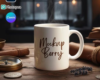 White Coffee Mug Mockup: Realistic 11oz PSD & Canva Template