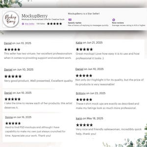 K&ouml;nnte beinhalten: Ein Produktbild f&uuml;r MockupBerry, einen Star-Verk&auml;ufer. Das Bild zeigt das MockupBerry-Logo, ein Star-Seller-Abzeichen und Kundenbewertungen. Die Bewertungen heben Produktqualit&auml;t, Professionalit&auml;t und Benutzerfreundlichkeit hervor.