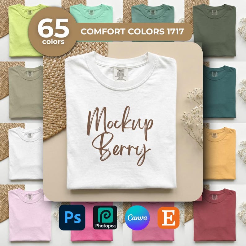 K&ouml;nnte beinhalten: Ein wei&szlig;es T-Shirt mit dem Text "Mockup Berry" in brauner Schrift steht im Mittelpunkt. Das Bild zeigt eine Vielzahl von T-Shirt-Farben, darunter Gr&uuml;n, Rosa und Gelb. Der Text "65 Farben" und "Comfort Colors 1717" sind ebenfalls sichtbar.
