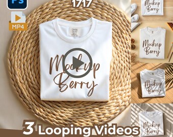 May include: A white t-shirt mockup with the text "Mockup Berry" in brown script. The shirt is folded on a woven mat, with additional mockup examples and text indicating 3 looping videos and a 6 PSD mockup bundle. The Comfort Colors 1717 brand is also visible.