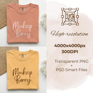 K&ouml;nnte beinhalten: Zwei T-Shirts, eines in Pfirsich und eines in Gelb, werden gezeigt. Das Pfirsichfarbene hat den Text "Mockup Berry" in wei&szlig;er Schrift, das gelbe Shirt denselben Text in Braun. Das Bild enth&auml;lt auch Text, der auf hohe Aufl&ouml;sung und Dateityp hinweist.