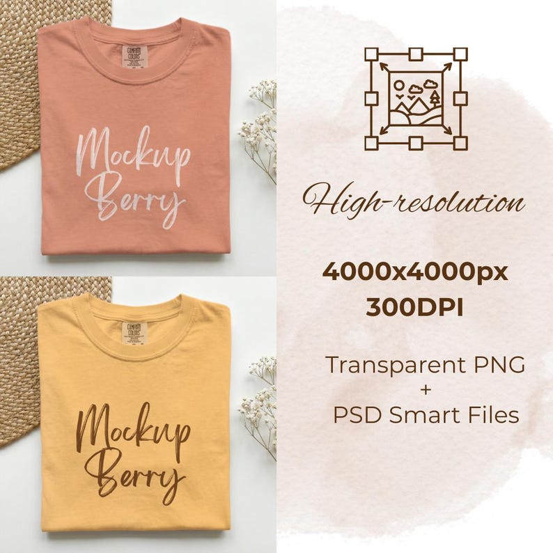 K&ouml;nnte beinhalten: Zwei T-Shirts, eines in Pfirsich und eines in Gelb, werden gezeigt. Das Pfirsichfarbene hat den Text "Mockup Berry" in wei&szlig;er Schrift, das gelbe Shirt denselben Text in Braun. Das Bild enth&auml;lt auch Text, der auf hohe Aufl&ouml;sung und Dateityp hinweist.