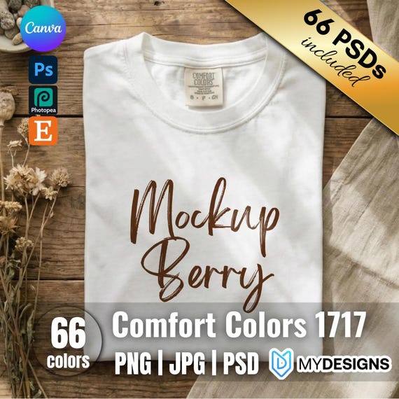 66 x Comfort Colors 1717 Mockup Bundle, Folded Shirt Mockups, MyDesign Compatible PSD, PNG, Print on Demand