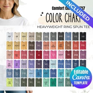 May include: A color chart for Comfort Colors 1717 heavyweight ring spun t-shirts, displaying a grid of 70 small t-shirt icons in various colors, each labeled with its specific color name, including white, black, red, blue, green, and pink shades.