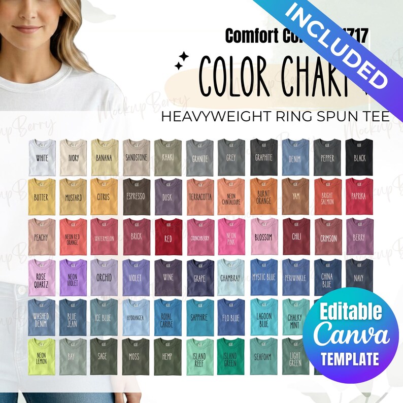 May include: A color chart for Comfort Colors 1717 heavyweight ring spun t-shirts, displaying a grid of 70 small t-shirt icons in various colors, each labeled with its specific color name, including white, black, red, blue, green, and pink shades.