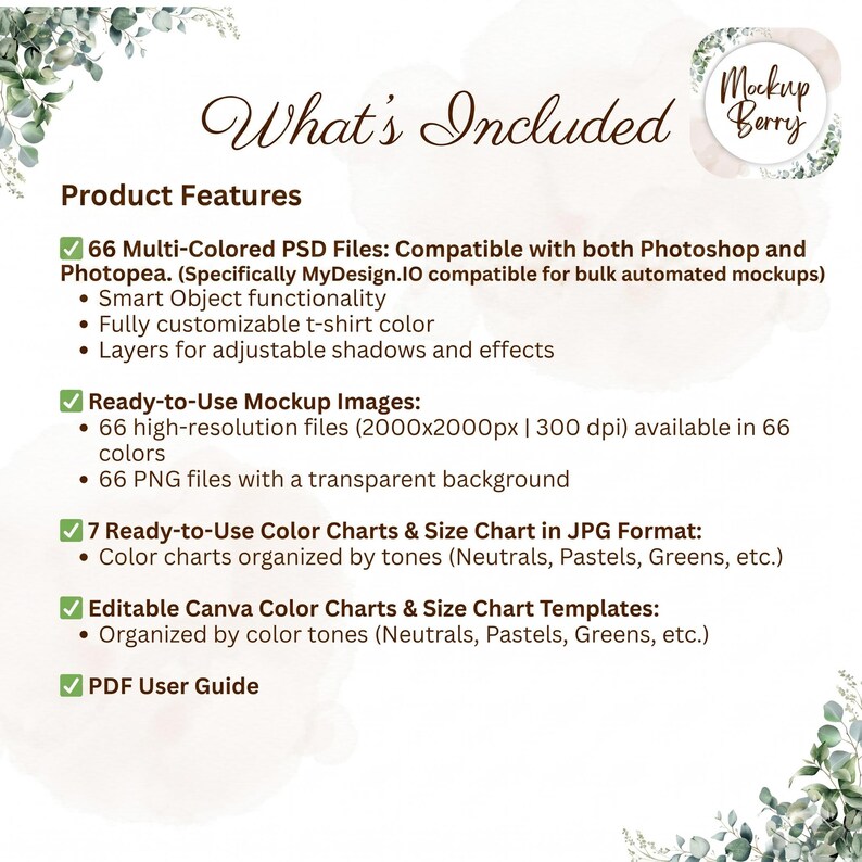 May include: A digital product information sheet titled What's Included from Mockup Berry. It lists 66 multi-colored PSD files with smart object functionality, 66 high-resolution 2000x2000px PNG images, 7 JPG color and size charts, Canva templates, and a PDF guide.