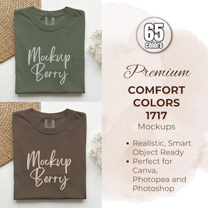 K&ouml;nnte beinhalten: Zwei gefaltete T-Shirts, eines olivgr&uuml;n und eines braun, mit dem Text "Mockup Berry" in wei&szlig;er Schrift. Das Bild enth&auml;lt auch den Text "65 Farben", "Premium Comfort Colors 1717 Mockups".