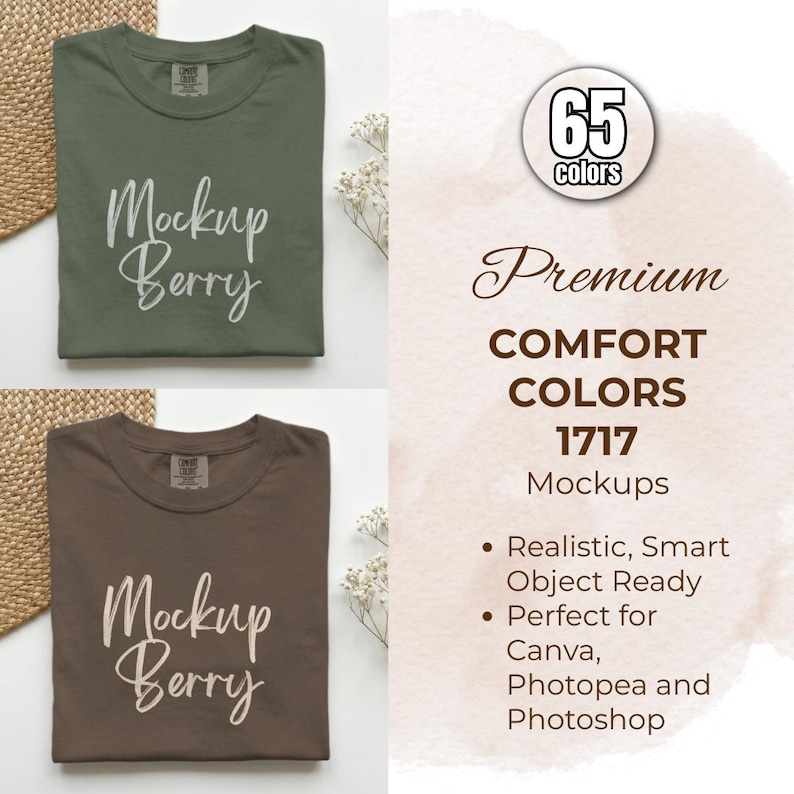 K&ouml;nnte beinhalten: Zwei gefaltete T-Shirts, eines olivgr&uuml;n und eines braun, mit dem Text "Mockup Berry" in wei&szlig;er Schrift. Das Bild enth&auml;lt auch den Text "65 Farben", "Premium Comfort Colors 1717 Mockups".
