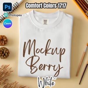 White Comfort Colors 1717 T-shirt Mockup | PSD + JPG + PNG | Flat Lay on Woven Mat | Canva Ready | 4000x4000px 300DPI