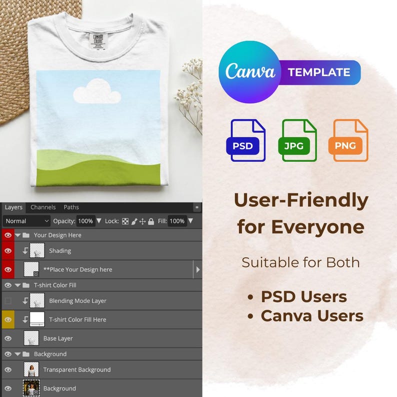 K&ouml;nnte beinhalten: Wei&szlig;es T-Shirt mit einem Landschaftsdesign mit blauem Himmel, wei&szlig;er Wolke und gr&uuml;nen H&uuml;geln. Das Bild enth&auml;lt Canva-Vorlagengrafiken und den Text: "User-Friendly for Everyone" und "Suitable for Both".