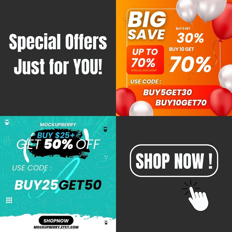 K&ouml;nnte beinhalten: Werbegrafiken mit Text: "Sonderangebote Nur f&uuml;r SIE!" und "Jetzt kaufen!". Enth&auml;lt Rabattangebote wie "Kaufen Sie 25$+ Erhalten Sie 50% Rabatt" und "Bis zu 70% Rabatt". Enth&auml;lt rote, wei&szlig;e und schwarze Luftballons.