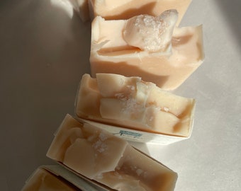 Handmade cold processed soap bar . Awaken. Essential oils of sweet orange , basil and spearmint. Sea salt garnish