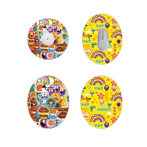 Puede incluir: Dos pegatinas redondas con fondo amarillo y personajes de dibujos animados coloridos. Las pegatinas presentan el texto "OOOHHH!! YAY" y "YIPPEE!!!".