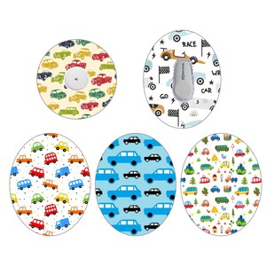 May include: Four different designs of round adhesive patches with a car theme. The designs include a red, yellow, and blue car pattern, a blue car pattern, a colorful car pattern with trees and houses, and a black and white car pattern with the text "RACE CAR" and "GO".