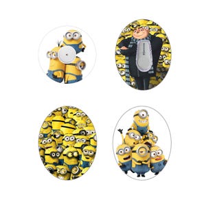 May include: Four round stickers featuring the characters from the animated movie Despicable Me. One sticker features a group of yellow Minions, another features a group of Minions with the character Gru, another features a group of Minions with the text "Despicable Me", and the last sticker features a group of Minions.
