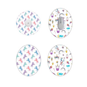 May include: Four round adhesive patches with a white background and a repeating pattern of colourful unicorns. One patch has a grey sensor with the text "FreeStyle Libre" on it.