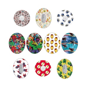 May include: Ten round, colourful stickers featuring various Marvel superhero characters, including Iron Man, Captain America, Hulk, and The Flash. The stickers are designed for use on medical devices.