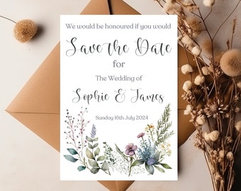 Wildflower Save the Date Card,Boho Chic Elegant Wedding Save the Date Cards with Wildflower,Personalised Wedding Stationery with Wildflowers