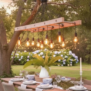 Outdoor Wood Ladder Chandelier, Covered Patio Lighting, Rustic Garden Fixture, Farmhouse Bar Cafe Light
