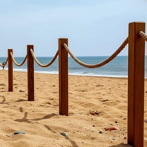 Könnte beinhalten: Ein Holzzaun mit Seil zwischen Pfosten an einem Sandstrand. Die Pfosten sind braun und das Seil hat eine hellbraune Farbe. Im Hintergrund ist das Meer unter blauem Himmel zu sehen.