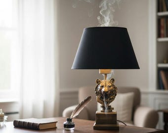Modern Lion Head Table Lamp, Gold Base Black Shade, Luxury Animal Accent Light for Office Living Room Decor