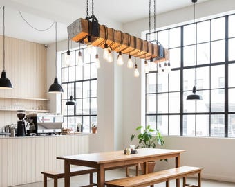 Large 160cm Wood Beam Chandelier, 15-Light Industrial Statement Fixture, Rustic Restaurant Cafe Bar Lighting