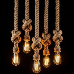Natural Jute Rope Pendant Light, Choose Length, Rustic Industrial Lamp, Farmhouse Coastal Fixture for Cafe Bar