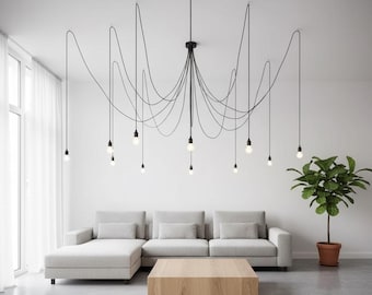 Lámpara de araña minimalista (6-40+ luces), iluminación escultural para sala de estar, conjunto de lámparas colgantes negras de longitud personalizada