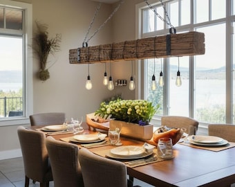 Rustic Reclaimed Look Wood Beam Chandelier, 8-Light Farmhouse Dining Light, Cabin Lodge Industrial Fixture