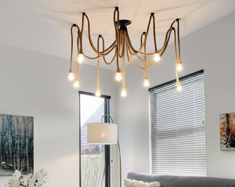 Handmade Jute Rope Chandelier: Industrial Spider Pendant Lighting