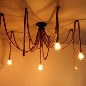 Jute Rope Chandelier: Industrial Loft Spider Lamp, Customizable