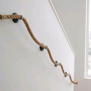 Natural Jute Rope Handrail Kit (5m Rope + 5 Brackets), Rustic Stair Railing, Wall Mount Banister Coastal Farmhouse