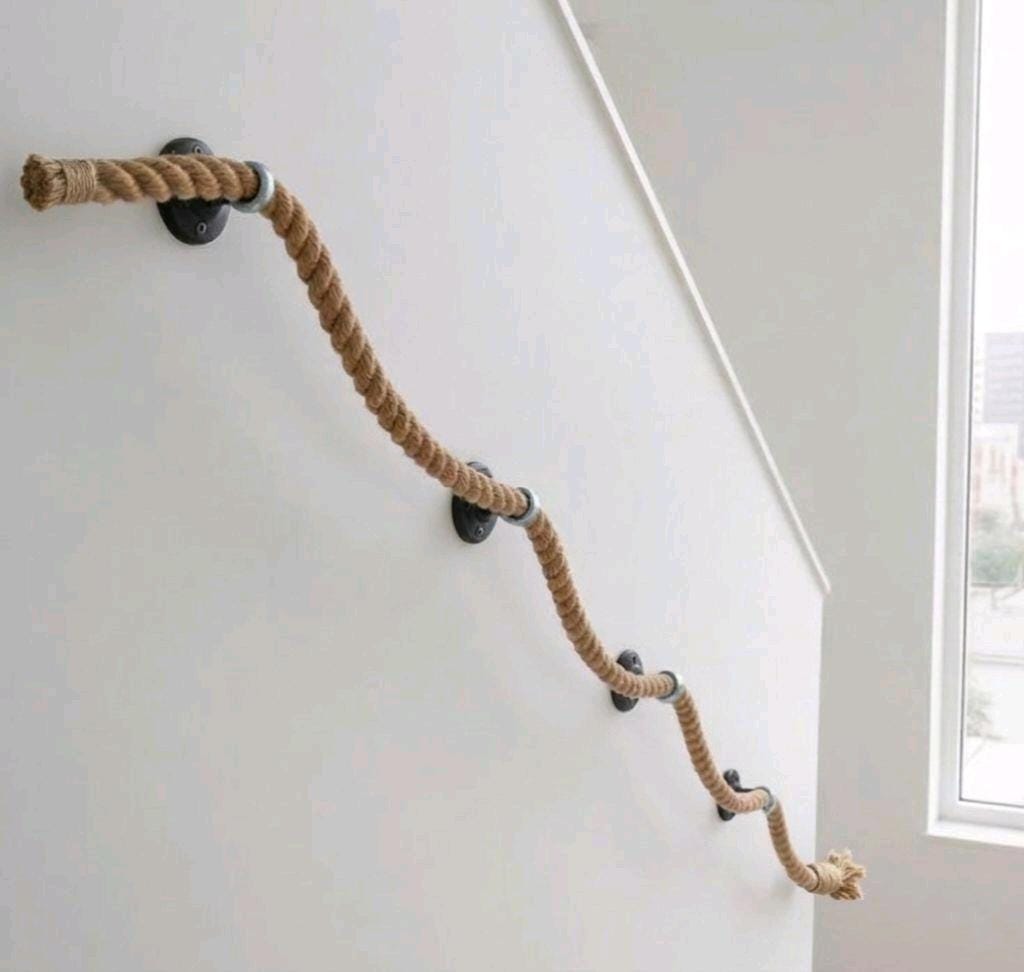 Natural Jute Rope Handrail Kit (5m Rope + 5 Brackets), Rustic Stair ...