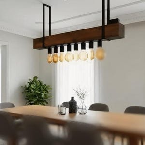 Modern Wood Chandelier, 8-Light Linear Fixture, Farmhouse Dining Lamp, Rustic Oak Beam Light, Industrial Kitchen Island Pendant