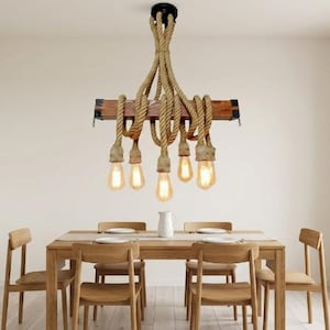 Rustic Wood Beam Chandelier, 8-Pendant Rope Light, Farmhouse Kitchen Island Lamp, Dining Room Ceiling Fixture, Oak Wooden Hanging Light