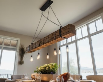 Modern Farmhouse Wood Beam Chandelier, 8-Light Rustic Dining Room Light, Kitchen Island Industrial Fixture