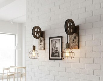 Aplique de pared industrial con polea, estilo rústico de madera, color a elegir, ideal para cafetería, bar y restaurante.