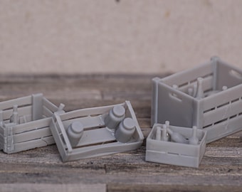 May include: Five miniature wooden crates with various sizes and shapes, filled with small glass bottles and jars. The crates are made of light gray wood and have a rustic appearance.