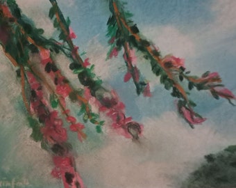 Zartes Blütentraum Pastellbild handgemalt: Blumenzweige im Himmel