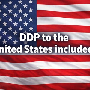May include: Image of the American flag, featuring red and white stripes and a blue canton with white stars. Text overlay states "DDP to the United States included."